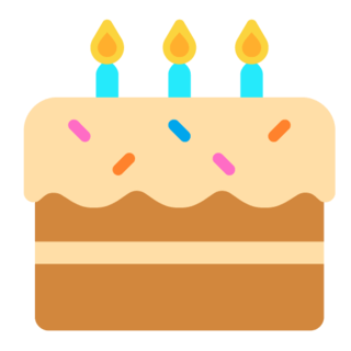 émoji gâteau d'anniversaire : tel qu'il s'affiche sur les applications de Microsoft, gâteau marron avec une couche de génoise au milieu surmonté d'un glaçage beige et de trois bougies allumées
