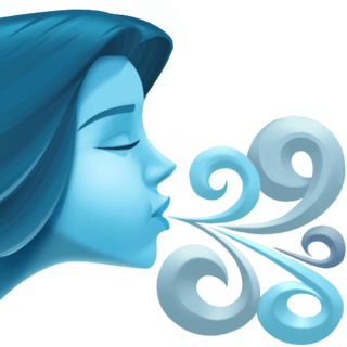 Emoji vent : émoji représenté par le visage d'une femme, les yeux fermées, à l'apparence bleutée, soufflant un flux d'air en spirales. 